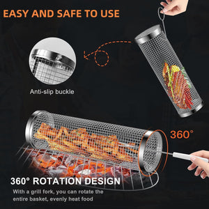 Rolling Grilling Baskets,Grill Baskets for Outdoor Grill,  Stainless Steel Rolling Grill Basket, BBQ Grill Accessories Vegetable Grill Basket for Fish, Shrimp, Meat, Vegetables(2Pcs-12In)