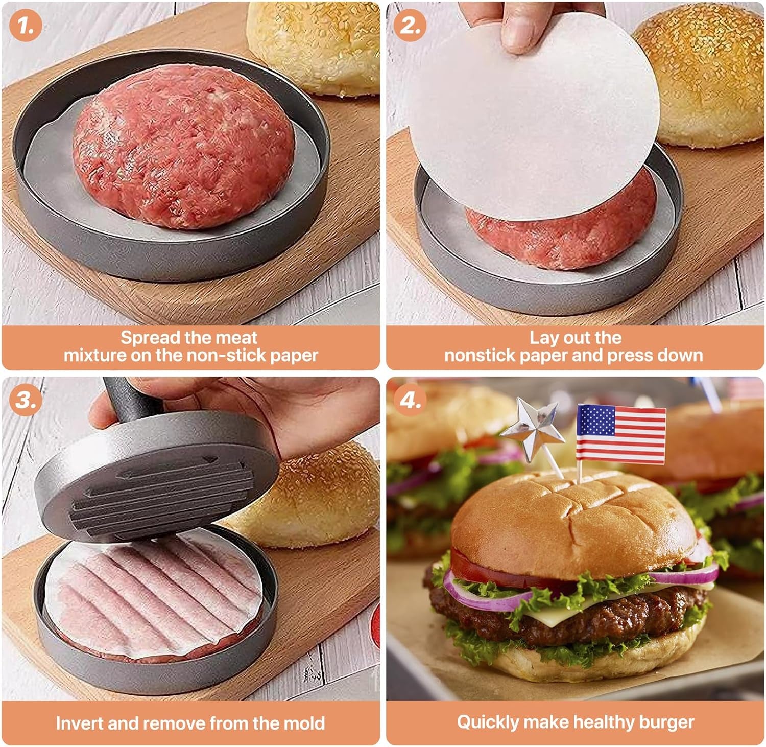 LAZYBISON Burger Press Patty Maker with 200PCS Free Wax Papers|Aluminum Non-Stick Hamburger Press Kit Burger Maker|1/4Lb to 1/3Lb Meat Beef Veggie Hamburger Mold for Kitchen BBQ Grill