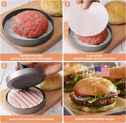 LAZYBISON Burger Press Patty Maker with 200PCS Free Wax Papers|Aluminum Non-Stick Hamburger Press Kit Burger Maker|1/4Lb to 1/3Lb Meat Beef Veggie Hamburger Mold for Kitchen BBQ Grill