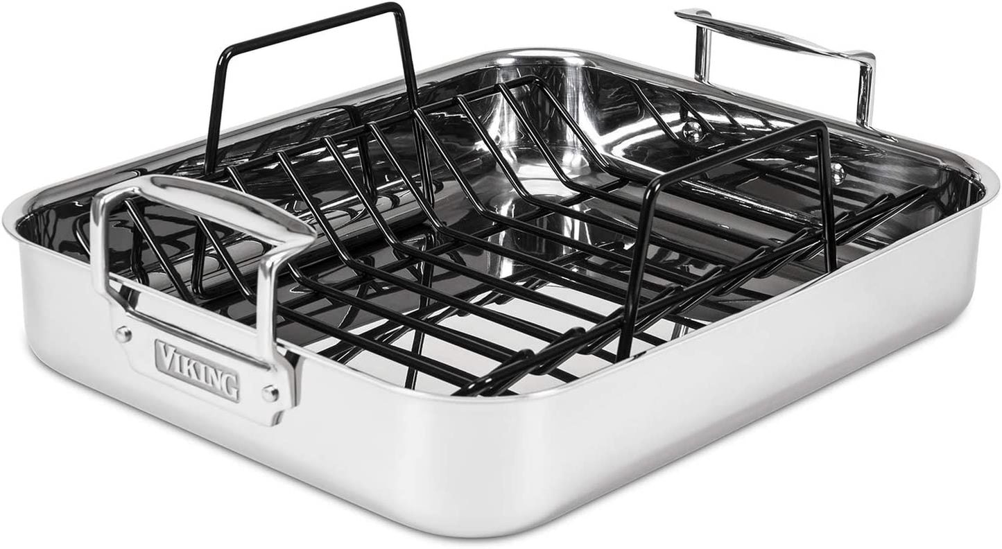 Viking Culinary 3-Ply Stainless Steel Roasting Pan, Includes a Nonstick Rack, Dishwasher, Oven Safe, Works on All Cooktops Including Induction