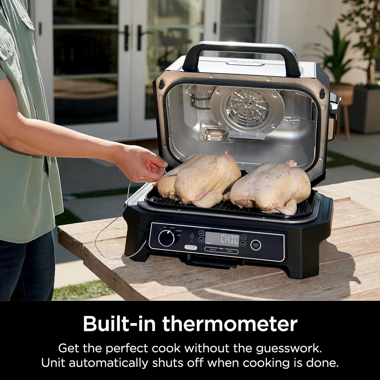 OG850 Woodfire Pro XL Outdoor Grill & Smoker with Built-In Thermometer, 4-In-1 Master Grill, BBQ Smoker, Outdoor Air Fryer, Bake, Portable, Electric, Blue