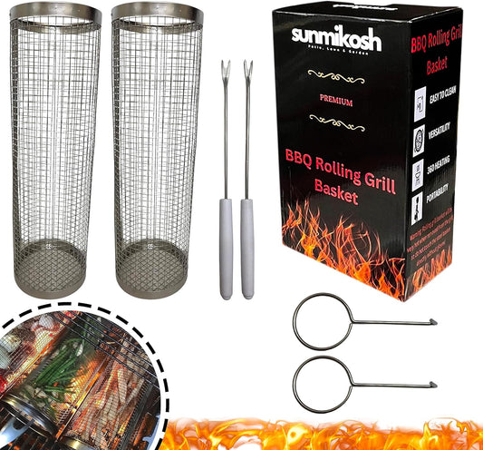 Sunmikosh Rolling Grilling Basket - Barbecue Portable Roll Grill Basket for Outdoor Camping - Stainless Steel BBQ Net Tube Grill Basket, Suitable for Fish, Kabob, Meat, Vegetables, French Fries