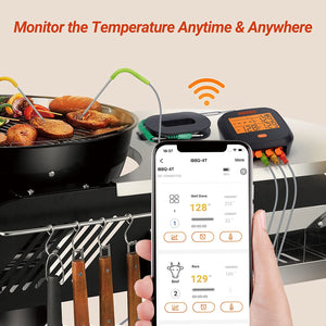 Wifi Grill Thermometer, Wireless BBQ Thermometer for Grilling Roasting Cooking Smart Digital Remote Meat Thermometer with Graph Alarm Timer 4 Probes Rechargeable