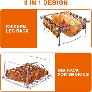 BBQ Future 3-In-1 Rib Racks & Chicken Leg Rack for Grilling and Smoking - Premium Stainless Steel Foldable Rib and Drumstick Roasting Racks - Holds 1 Whole Chicken, 12 Chicken Leg Wing, 6 Large Ribs