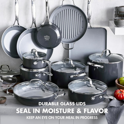 Valencia Pro Hard Anodized Healthy Ceramic Nonstick 22 Piece Cookware Pots & Pans Set, Fry Grill, Griddle, Saute & Sauce Pans, Stockpot,Lids, Pfas-Free, Induction, Dishwasher & Oven Safe,Gray