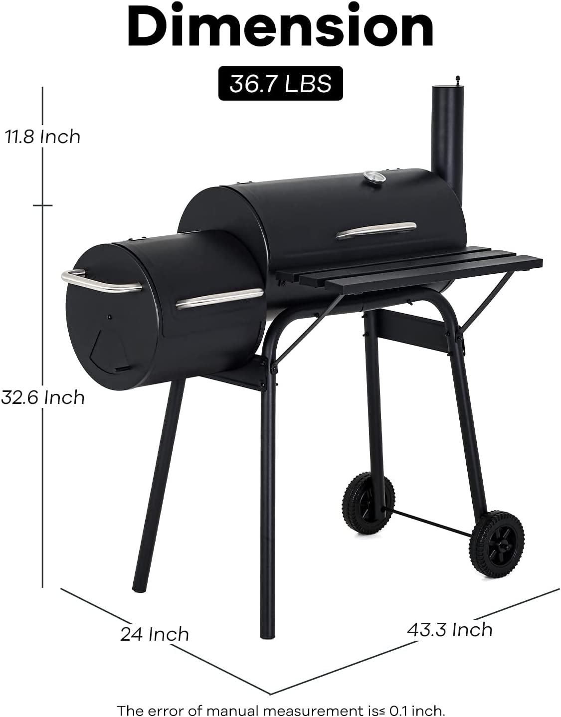 Charcoal Grills, MGHH Portable Charcoal Grill with 2 Wheels Side Fire Box, Small BBQ Oven Offset Smoker for 8-12 People Outdoor Patio Backyard, Camping Picnics