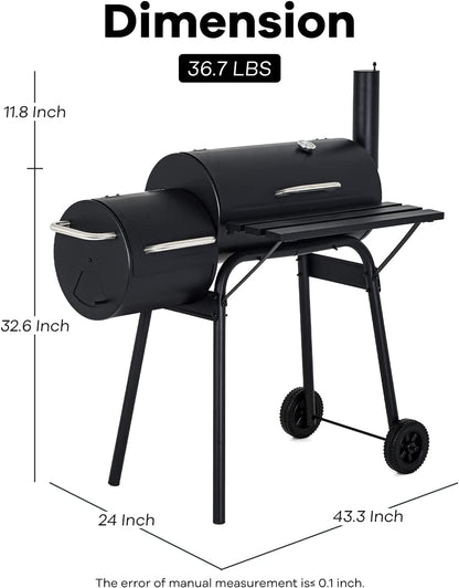 Charcoal Grills, MGHH Portable Charcoal Grill with 2 Wheels Side Fire Box, Small BBQ Oven Offset Smoker for 8-12 People Outdoor Patio Backyard, Camping Picnics