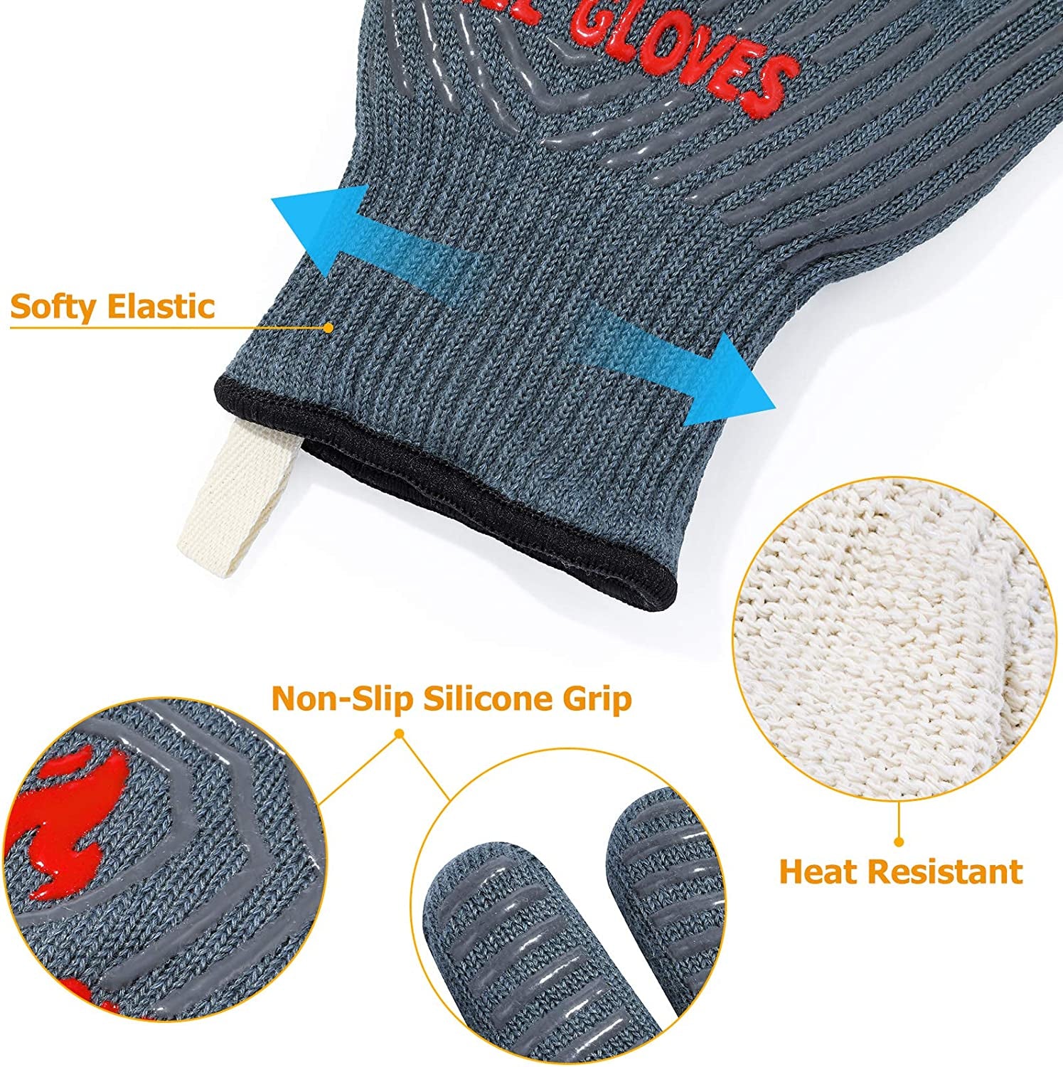 BBQ Gloves, Oven Gloves 1472℉ Extreme Heat Resistant, Grilling Gloves Silicone Non-Slip Oven Mitts, Kitchen Gloves for BBQ, Grilling, Cooking, Baking-1 Pair… (One Size Fits Most, Grey)