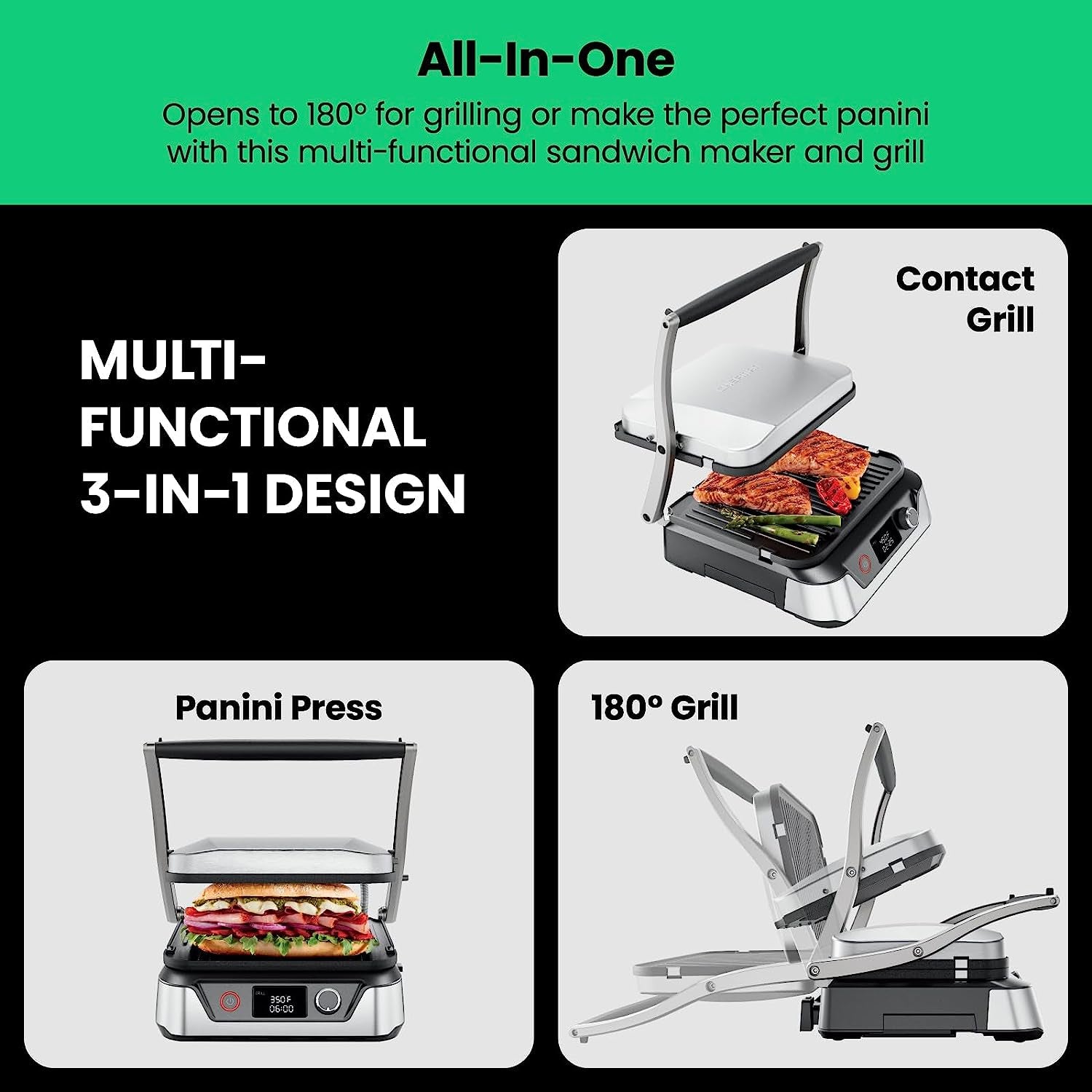 5-In-1 Digital Panini Press Grill Sandwich Maker and Griddle Grill Combo with Removable, Reversible Dishwasher-Safe Grilling Plates, Opens 180° for Indoor BBQ or Flat Top Grill