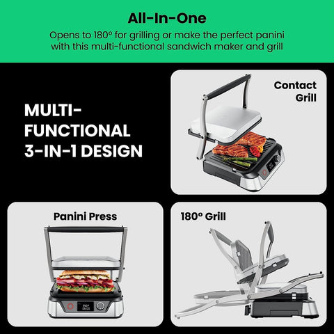 Image of 5-In-1 Digital Panini Press Grill Sandwich Maker and Griddle Grill Combo with Removable, Reversible Dishwasher-Safe Grilling Plates, Opens 180° for Indoor BBQ or Flat Top Grill