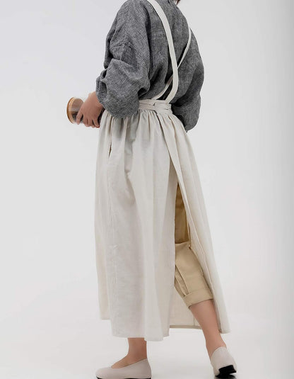 Pleated Cotton Long Apron X Back Kitchen Garden Florist Work Clothes Bib Dress