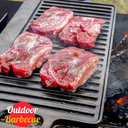 Pre-Seasoned 17X9.8" Cast Iron Reversible Griddle Grill Pan with Handles for Gas Stovetop Open Fire Oven, One Tray, Scrapers Included