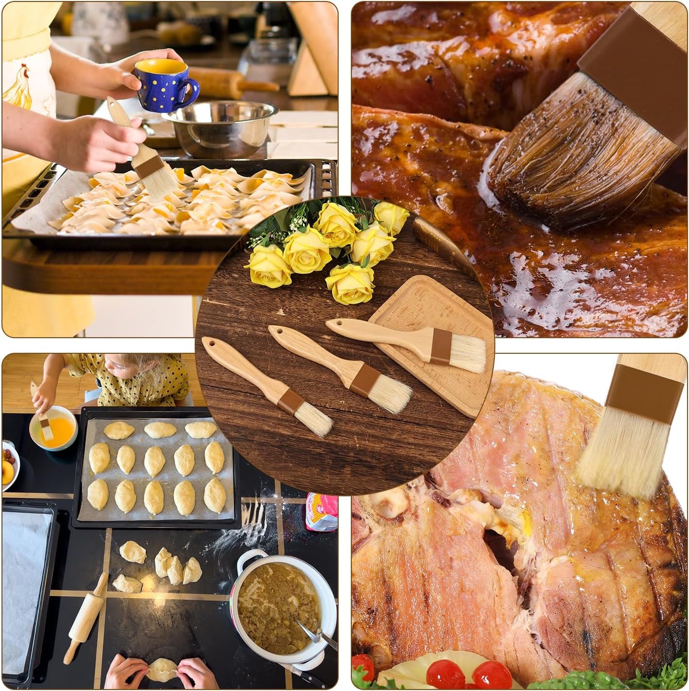 3Pcs Pastry Basting Brushes, Oil Brush for Cooking Boar Bristle Brushes BBQ Brushes for Sauce Kitchen Brush Pastry Brush for Oil Egg Spread Marinade Sauce (Small + Medium+Large)