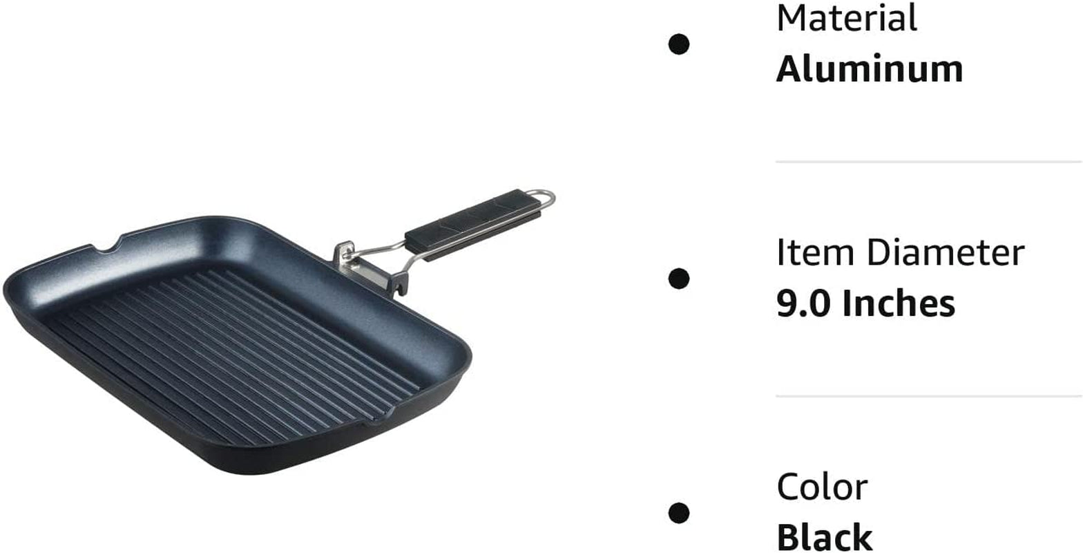 Grill Pan with Folding Handle, Nonstick Grill Pan for Stove Tops, Induction Compatible KBBQ Grill Pan with Pour Spouts, Indoor Rectangle BBQ Grilling Pan - 13 × 9IN