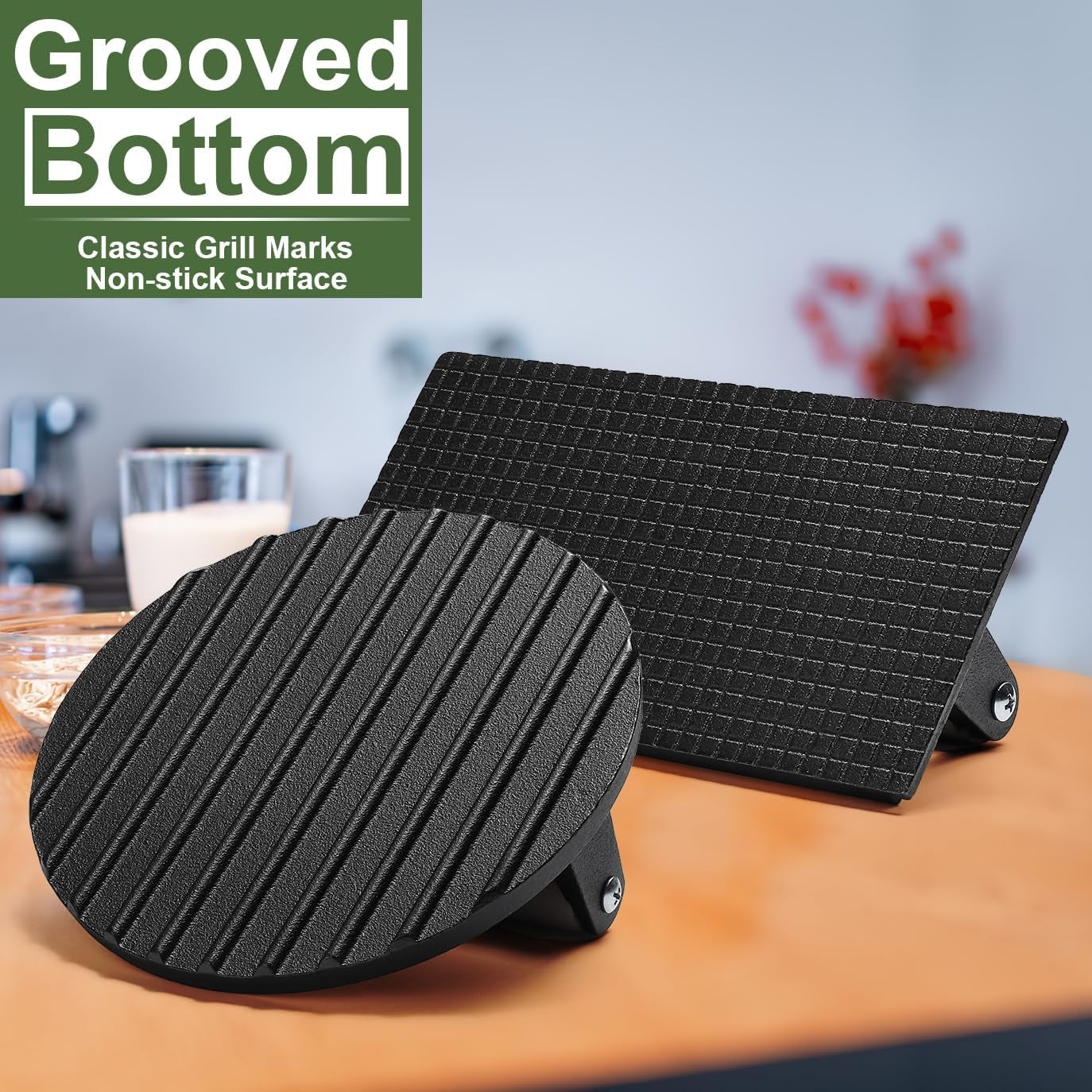 EWFEN Burger Press, 7" round & 8.2"X4.3" Rectangle Heavy-Duty Cast Iron Smash Bacon Press Meat Steak with Wood Handle for Griddle, Sandwich, Nonstick Pan