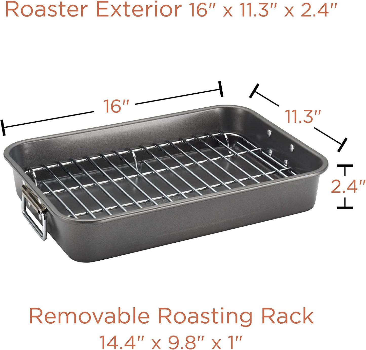 Farberware Bakeware Nonstick Steel Roaster with Flat Rack, 11-Inch X 15-Inch, Gray