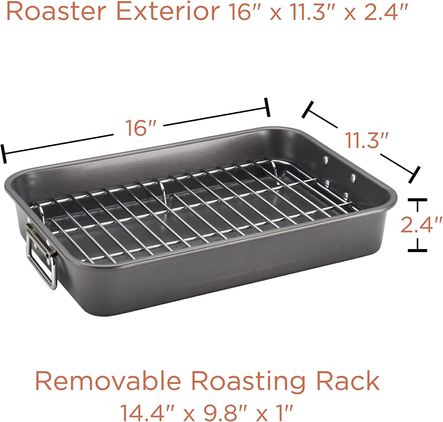 Farberware Bakeware Nonstick Steel Roaster with Flat Rack, 11-Inch X 15-Inch, Gray