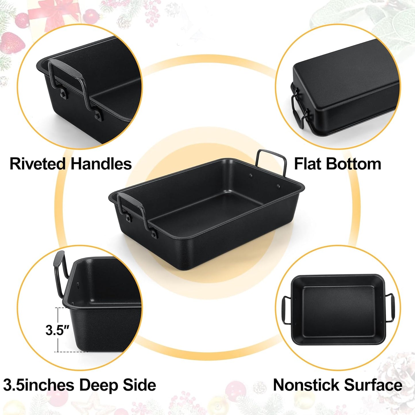 Teamfar Roasting Pan, 14Inch Coated Turkey Roaster Lasagna Pan with V-Shaped Rack & Flat Rack, Non-Stick Coating & Stainless Steel Core, Healthy & Heavy Duty, Deep Sides & Easy to Clean, Set of 3