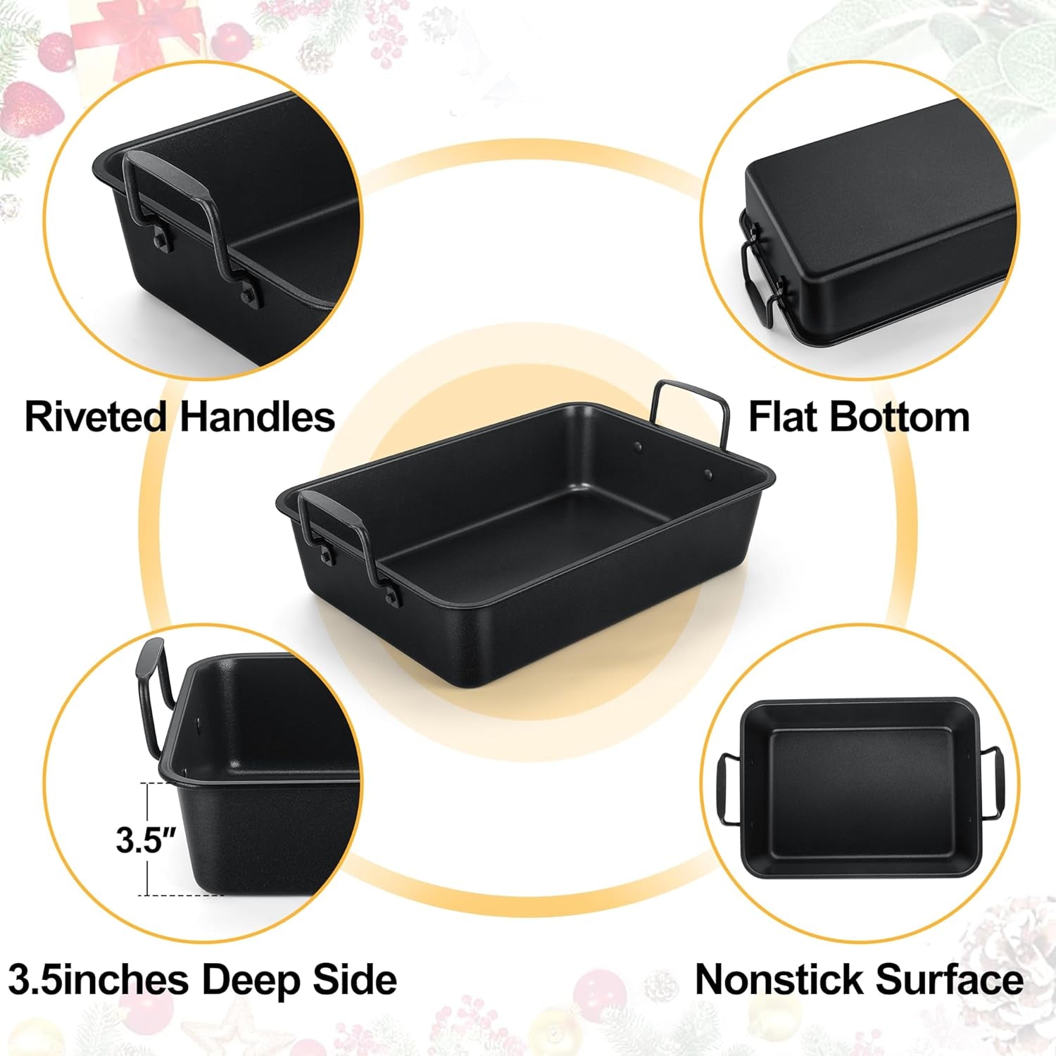 Teamfar Roasting Pan, 14Inch Coated Turkey Roaster Lasagna Pan with V-Shaped Rack & Flat Rack, Non-Stick Coating & Stainless Steel Core, Healthy & Heavy Duty, Deep Sides & Easy to Clean, Set of 3