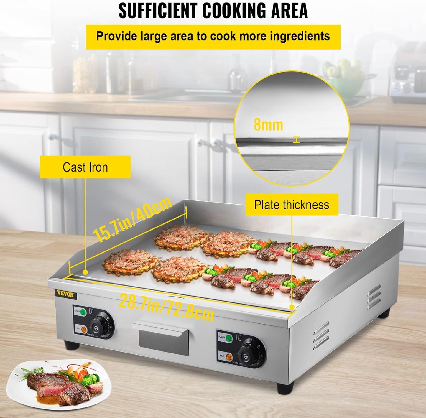 30" Commercial Electric Griddle 3000W Electric Countertop Griddle Non-Stick Restaurant 110V Teppanyaki Flat Top Grill Stainless Steel Adjustable Temperature Control 122°F-572°F (NO PLUG)