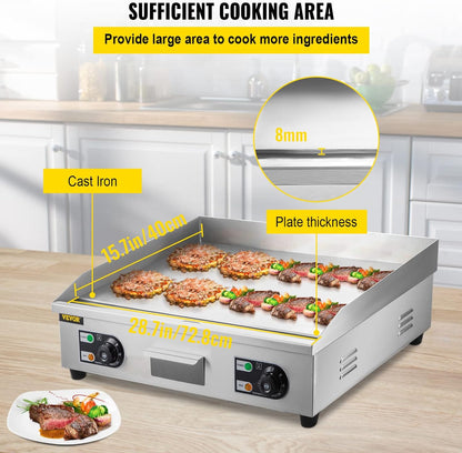 30" Commercial Electric Griddle 3000W Electric Countertop Griddle Non-Stick Restaurant 110V Teppanyaki Flat Top Grill Stainless Steel Adjustable Temperature Control 122°F-572°F (NO PLUG)