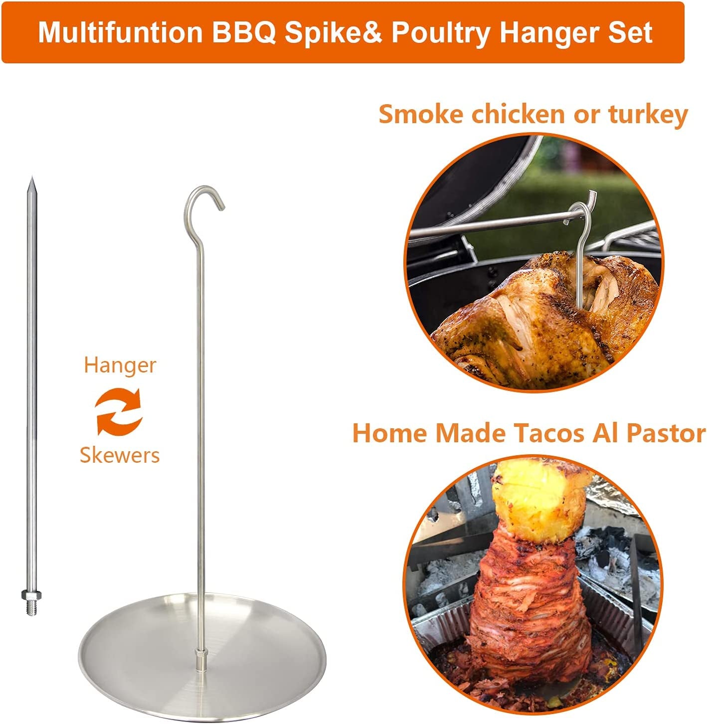 Upgraded Vertical Skewer Turkey Fryer Stand Kit, BBQ Turkey Fryer Accessories Poultry Turkey Hanger Chicken Rack for Grill Meat Spit Stainless Steel (With 1 Base,3 Skewers, and 2 Chicken Hangers)