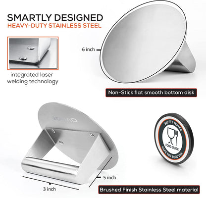 OVOQE 6.2 Inch Heavy Duty Stainless Steel Smash Burger Press, round Stainless Steel Professional Burger Smasher/Hamburger Patty Maker, Griddle Accessories Kit for Flat Top Grill, Rust-Free Easy Clean.