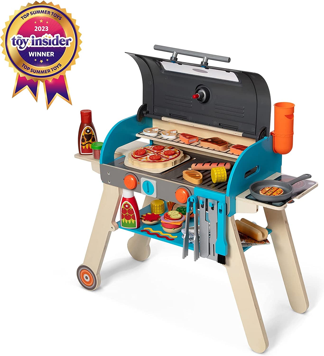 Melissa & Doug Wooden Deluxe Barbecue Grill, Smoker and Pizza Oven Play Food Toy for Pretend Play Cooking for Kids