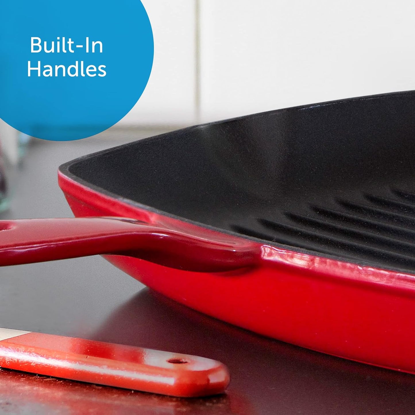 Bourgogne Enameled Cast Iron Induction Nonstick Grill Pan, PFAS Free, Dishwasher Safe, Chili Red