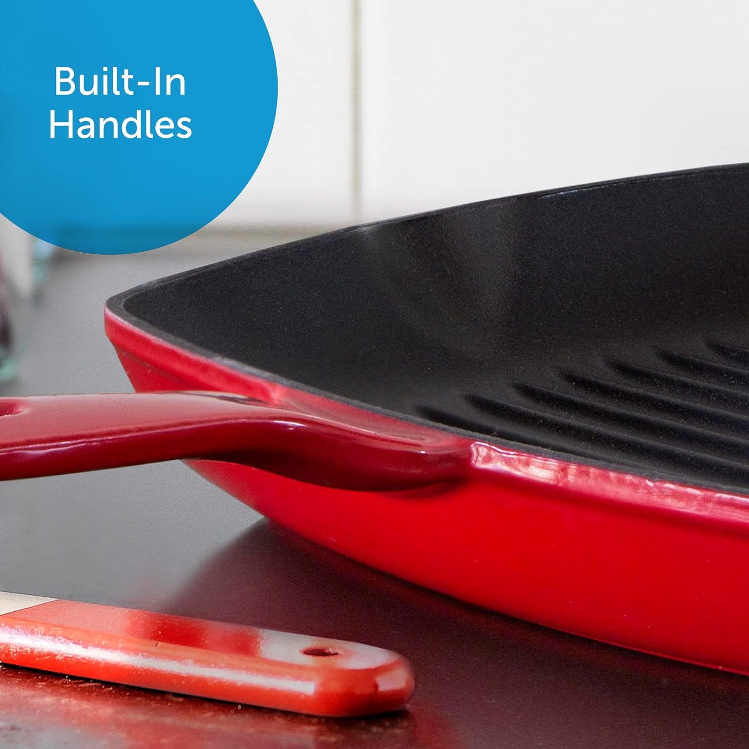 Bourgogne Enameled Cast Iron Induction Nonstick Grill Pan, PFAS Free, Dishwasher Safe, Chili Red