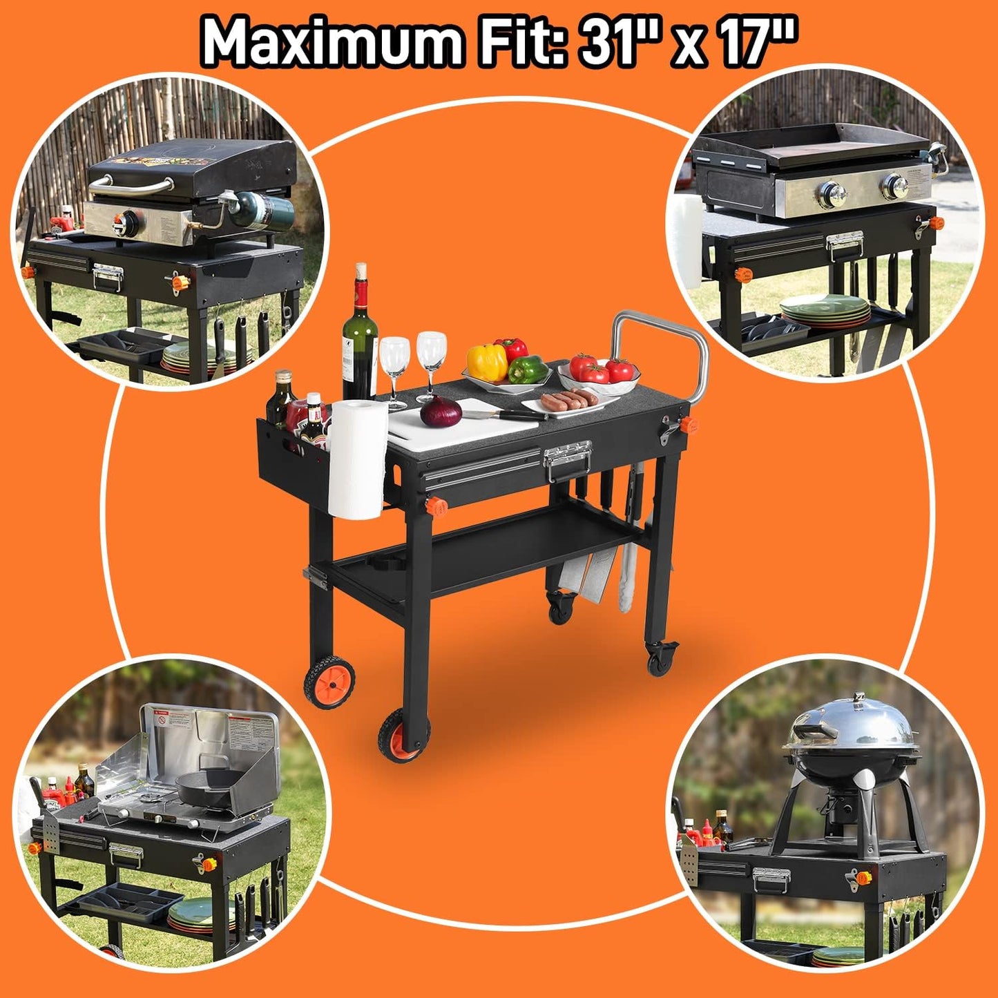 Grill Table for Blackstone Griddle, Portable Griddle Table with Caddy - Fit 17” or 22” Other Tabletop Grill, Foldable Ninja Grill Stand& Blackstone Griddle Stand for Outdoor Tailgating-Camping
