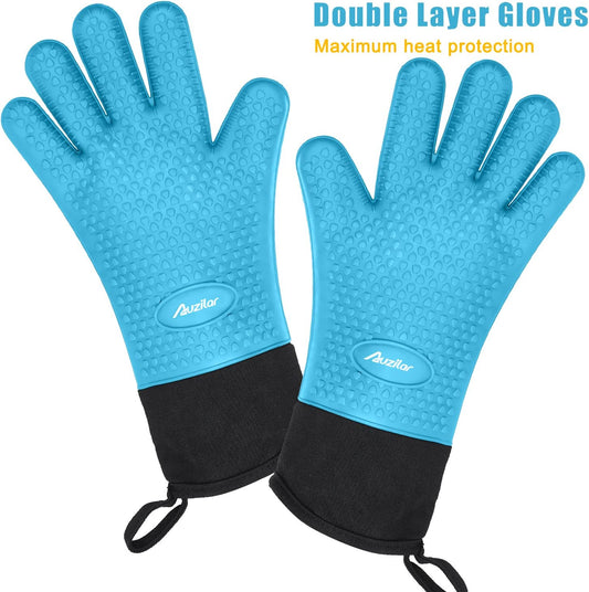 Silicone Cooking Gloves, Grilling Gloves, Heat Resistant Gloves BBQ Kitchen Silicone Oven Mitts, Long Waterproof Non-Slip Potholder for Barbecue, Cooking, Baking