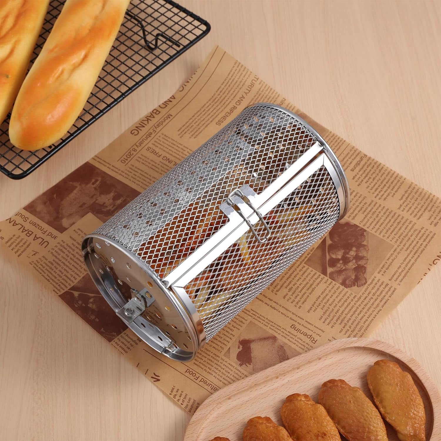 Angoily Oven Crisper Basket Rotating Grilled Cage Drum Oven Basket Kitchen Rolling Grill Basket Oven Roast Basket Roast Baking Cage for Barbecue Camping Outdoor Supplies Rotisserie Grill Basket