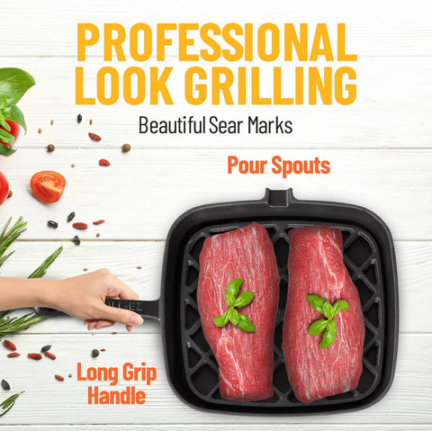 Image of Grill Pan - 2-Part Cast Iron Grill Pan with Removable Grill Grate - Square Pans for Grilling, Searing, BBQ, and More - Oven-Safe up to 450° - Ready Criss Cross Lines - Also Use as Griddle