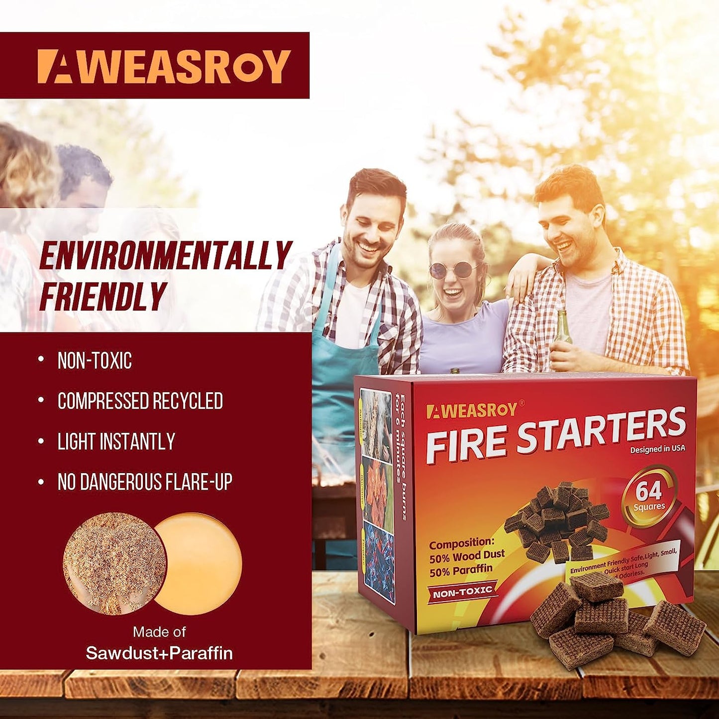 Fire Starter Squares 64 - Fire Starters for Fireplace,Chimney,Bbq Grill,Camping Fire,Wood Stove - Water Resistant and Safe Odourless - Camping Accessories