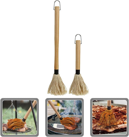 Image of Amosfun Mop Grill Basting Mop 2Pcs Long Wood Handle BBQ Sauce Brushes Cotton Fiber Heads Barbecue Mop for Roasting Grilling Steak Brush