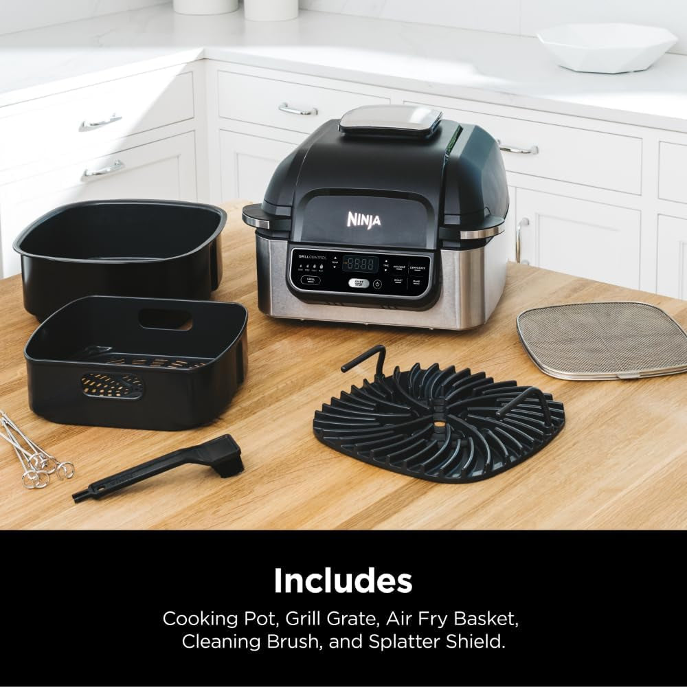 AG301 Foodi 5-In-1 Indoor Electric Grill with Air Fry, Roast, Bake & Dehydrate - Programmable, Black/Silver