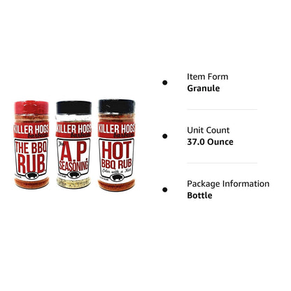 Killer Hogs Barbecue Rub Variety Pack - Original BBQ Rub, Hot BBQ Rubs, and A.P. Seasoning - Pack of 3 Bottles - 16 Oz per Bottle - 48 Oz Total