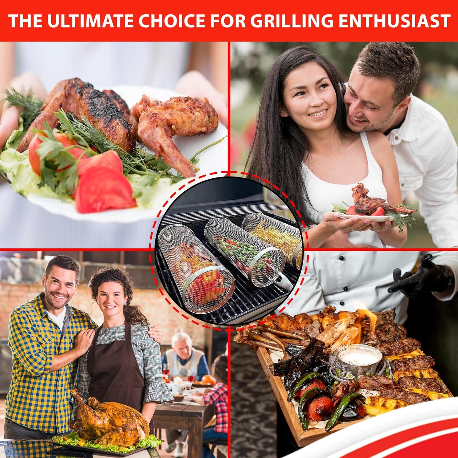 Sunmikosh Rolling Grilling Basket - Barbecue Portable Roll Grill Basket for Outdoor Camping - Stainless Steel BBQ Net Tube Grill Basket, Suitable for Fish, Kabob, Meat, Vegetables, French Fries