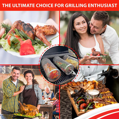 Sunmikosh Rolling Grilling Basket - Barbecue Portable Roll Grill Basket for Outdoor Camping - Stainless Steel BBQ Net Tube Grill Basket, Suitable for Fish, Kabob, Meat, Vegetables, French Fries