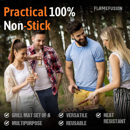 Flamefusion Grill Mat - Heavy Duty 600 Degree BBQ Grill Mat for Outdoor Grilling (Set of 5) | Extended Warranty