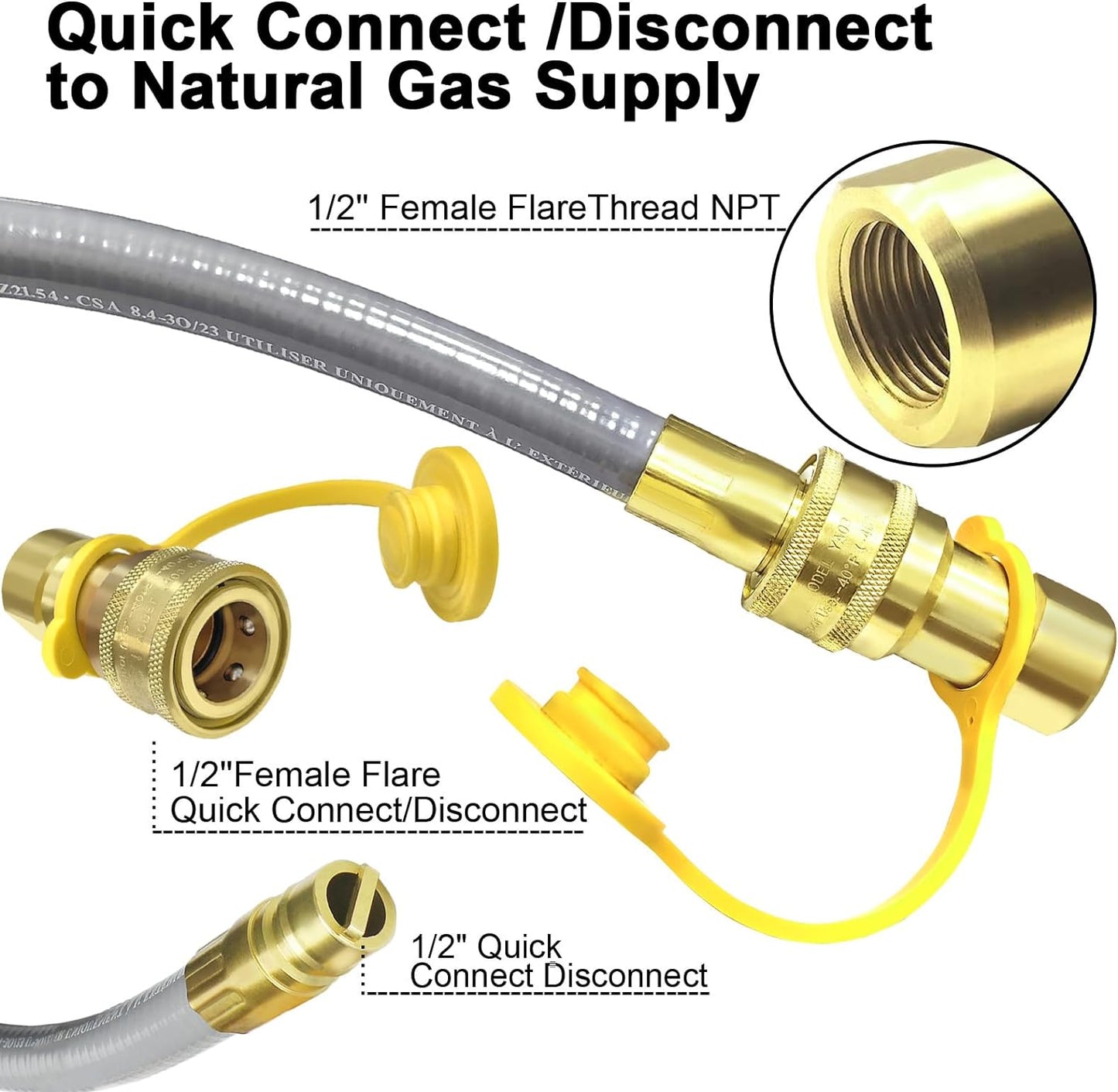 NQN 12FT 1/2" ID Natural Gas Hose with Quick Connect Fitting for BBQ, Grill, Pizza Oven, Patio Heater. for Weber, Char-Broil, Pizza Oven, Patio Heater,Ng Grill and Natural Gas Conversion Kit