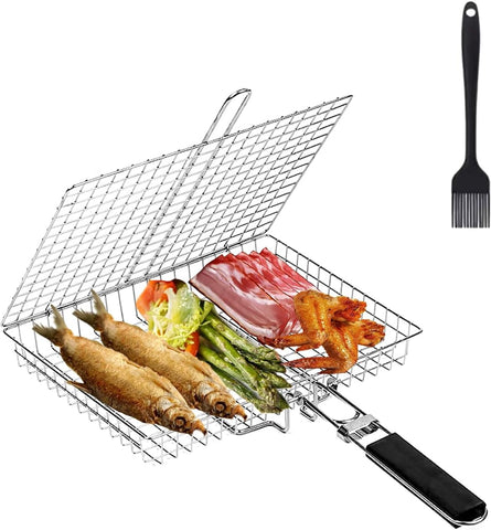 Image of Grilling Basket Fish Grill Basket and Vegetable Grill Basket Stainless Steel Outdoor Grill Accessories with Removable Handle Portable BBQ Tool for Outdoor Grilling. Amazing Grill Basket Gift for Man & Dad