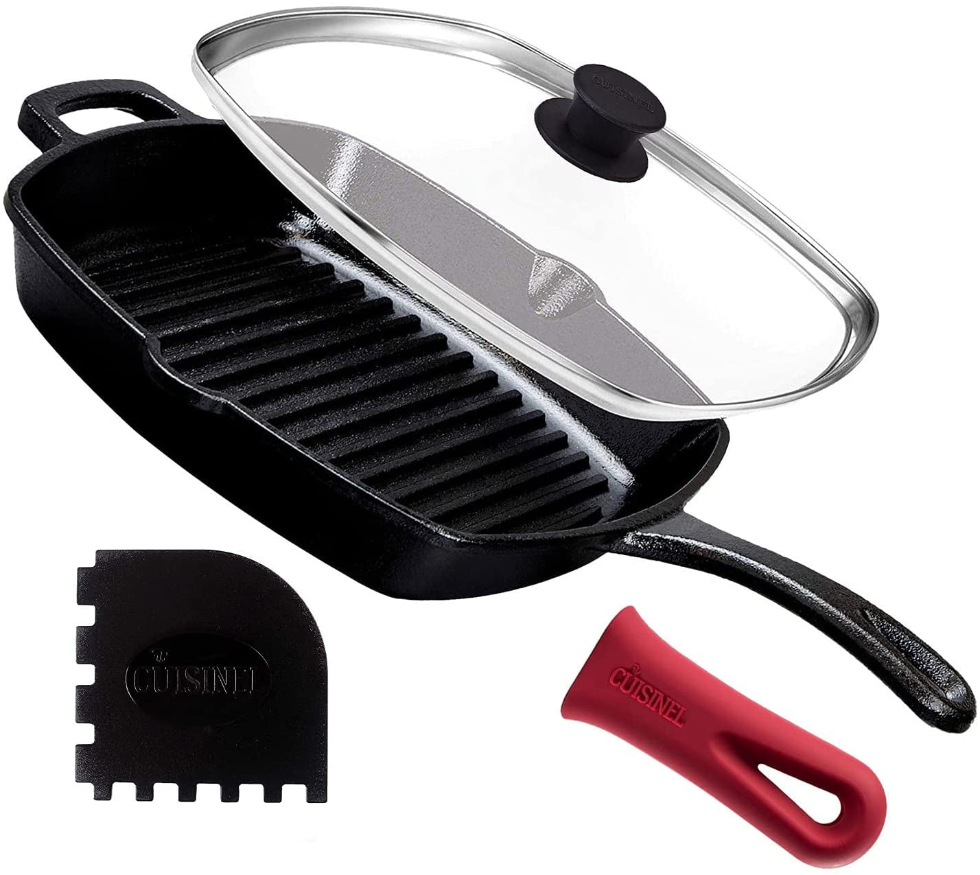 Cast Iron Square Grill Pan + Glass Lid - 10.5" Pre-Seasoned Ridged Skillet + Handle Cover + Pan Scraper - Grill, Stovetop, Fire Safe - Indoor and Outdoor Use - for Grilling, Frying, Sauteing