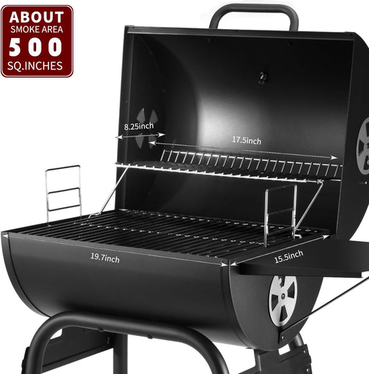 Charcoal Grills Outdoor BBQ Grill, Barrel Charcoal Grill with Side Table, with Nearly 500 Sq.In. Cooking Grid Area, Outdoor Backyard Camping Picnics, Patio and Parties, Black by