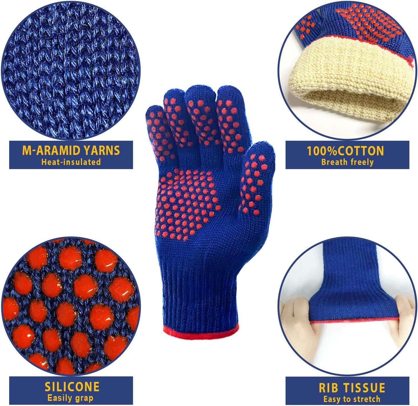 BBQ Grill Gloves,Oven Gloves Extreme 500 Degrees Heat Resistant Grilling Gloves with Food Grade Non-Slip Silicone Dots for Cooking, Grilling, Baking, Smoker, Barbecue, Kitchen(10" Blue)