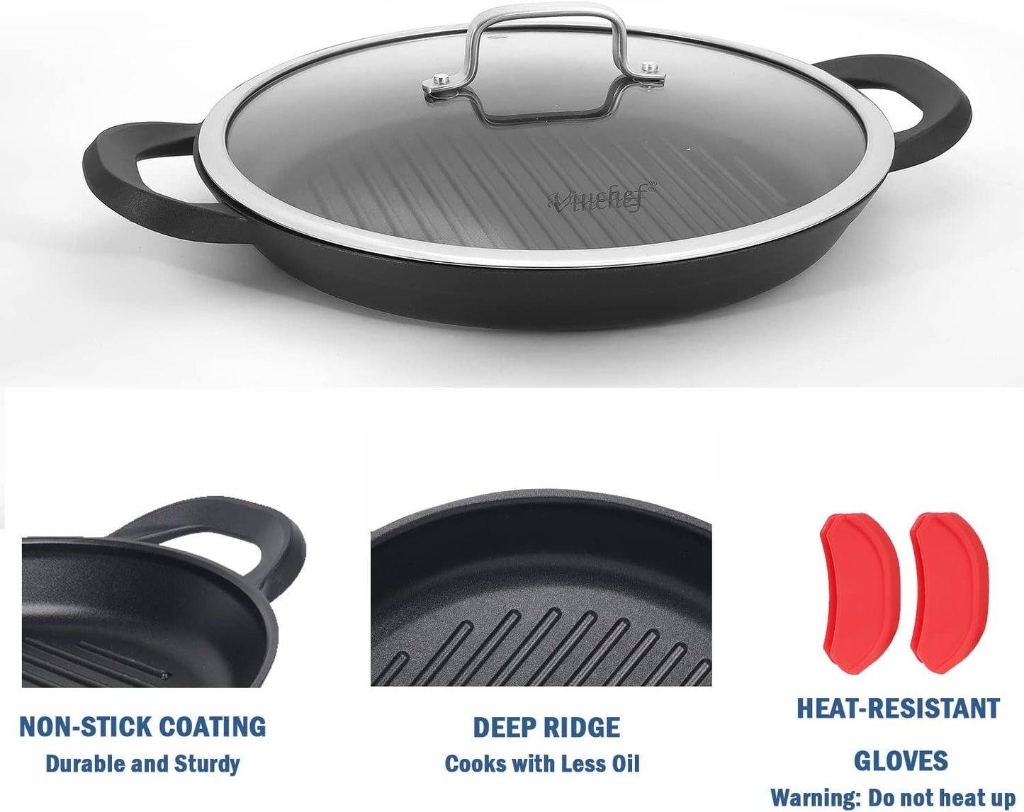 Nonstick Grill Pan for Stove Tops | 13.0" Skillet, Indoor Induction Cast-Aluminum Grill Pan with Lid and Anti-Scalding Tools, GRANITEC Nonstick Coating, Dishwasher & Oven Safe