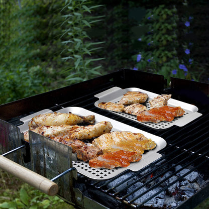 Grill Basket Set of 2 - Nonstick Grilling Tray Durable Grill Pans with Holes for Outdoor Grill Small and Big Topper Baskets BBQ Accessories for Vegetable, Fish, Meat, Seafood 11"X7" & 14"X10"