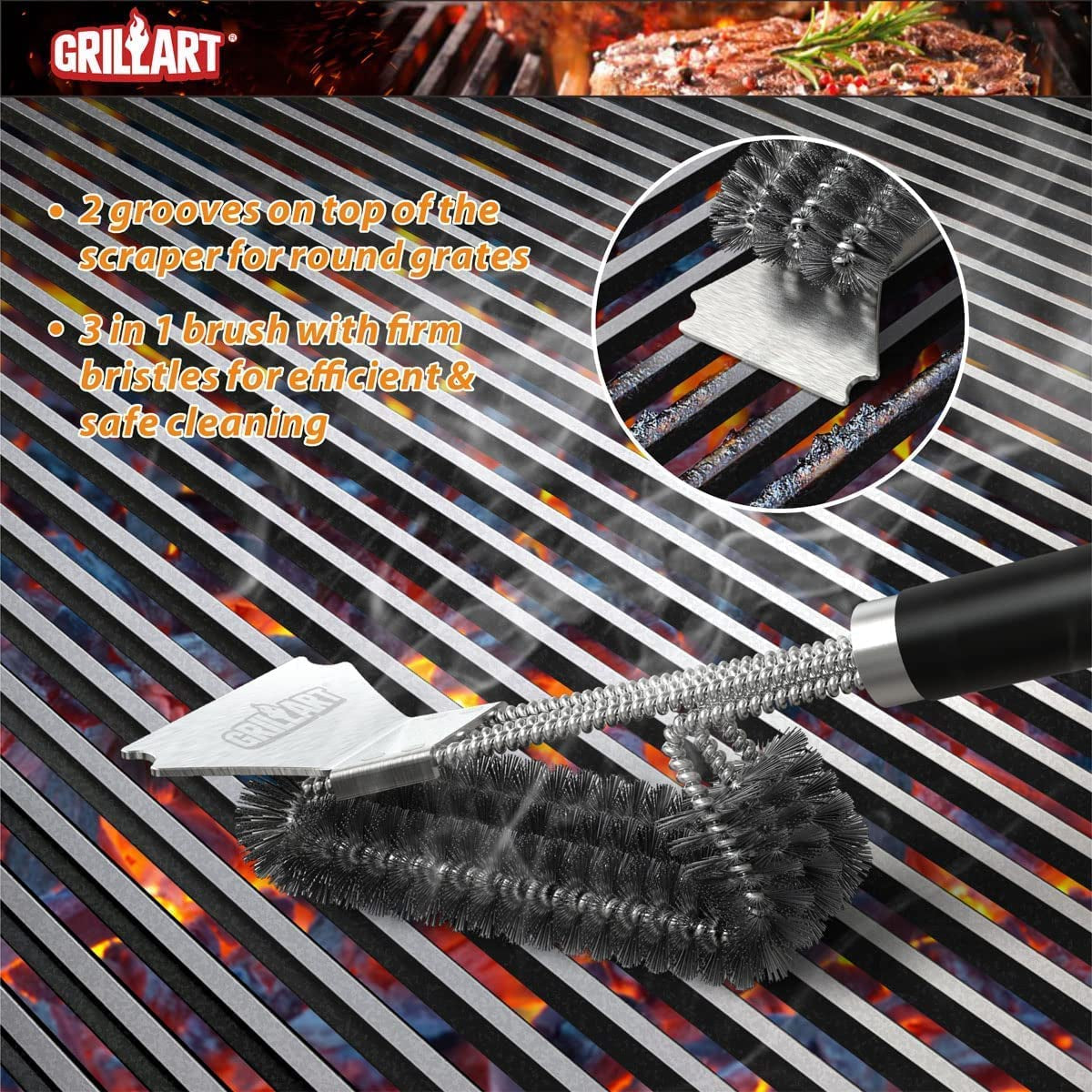 Grill Brush and Scraper with Deluxe Handle, Safe Wire Grill Brush BBQ Cleaning Brush Grill Grate Cleaner for Gas Infrared Charcoal Porcelain Grills, BR-8529