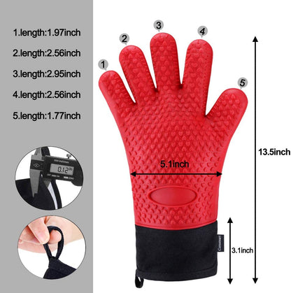 BBQ Gloves, Heat Resistant Silicone Grilling Gloves, Long Waterproof BBQ Kitchen Oven Mitts with Inner Cotton Layer for Barbecue, Cooking, Baking, Smoker(Red)